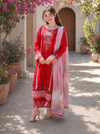 Shadmani – Heavily Embroidered Crimson Lawn Set