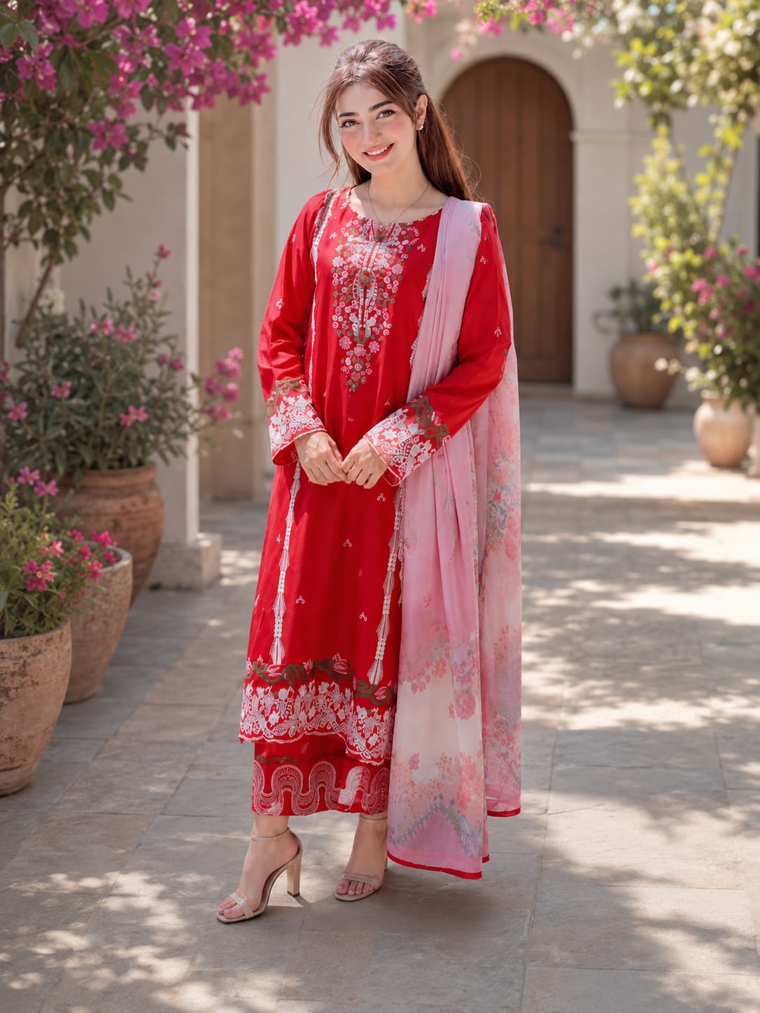 Shadmani – Heavily Embroidered Crimson Lawn Set