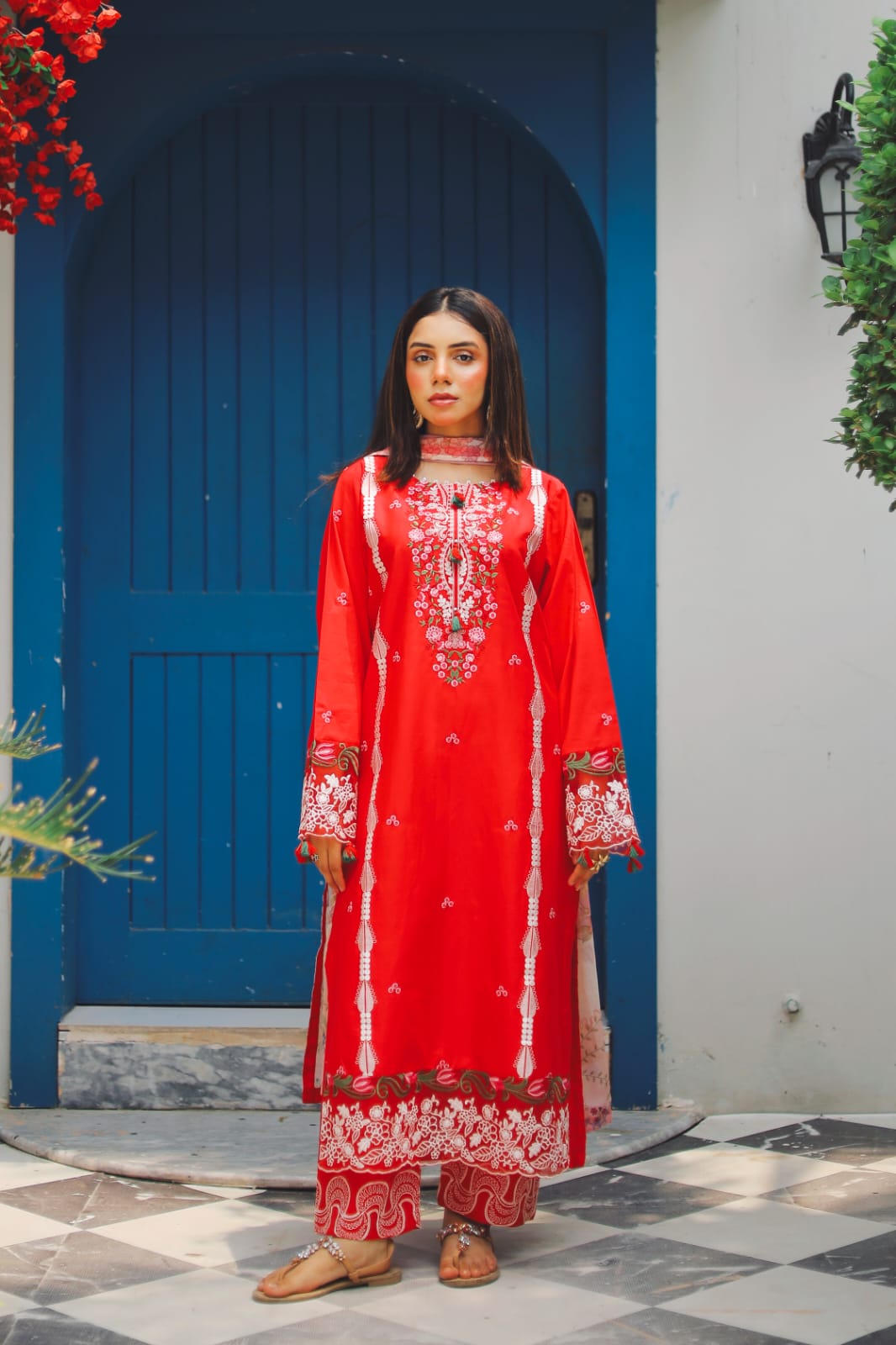 Shadmani – Heavily Embroidered Crimson Lawn Set