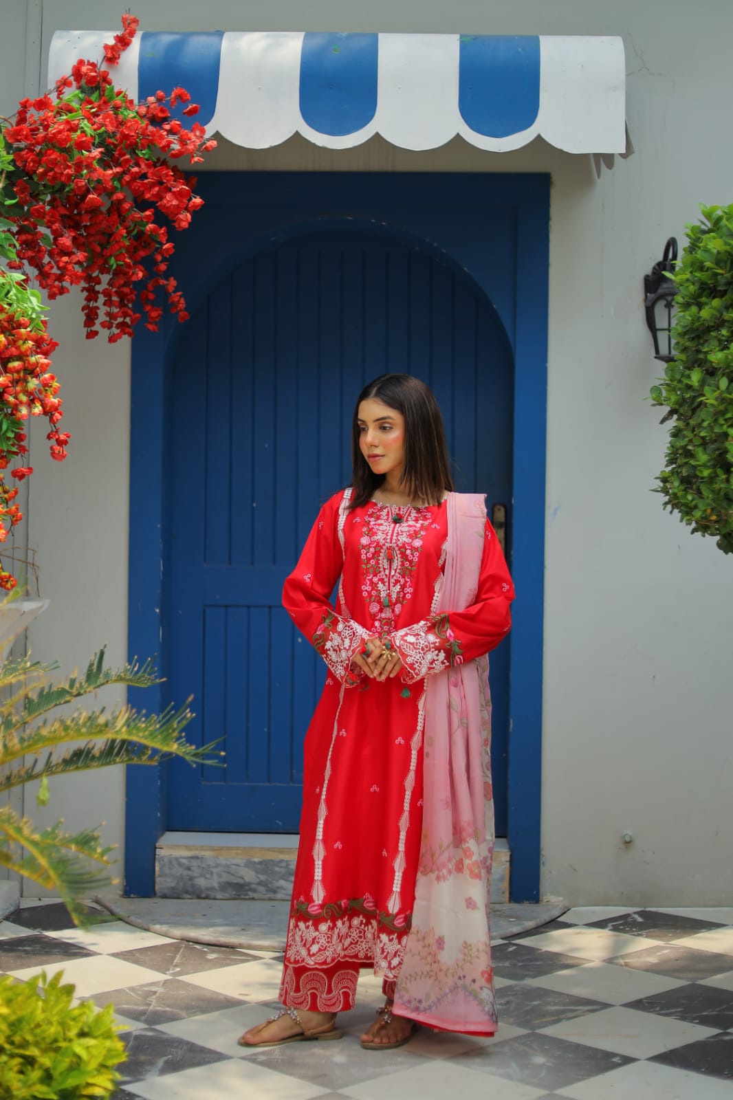 Shadmani – Heavily Embroidered Crimson Lawn Set