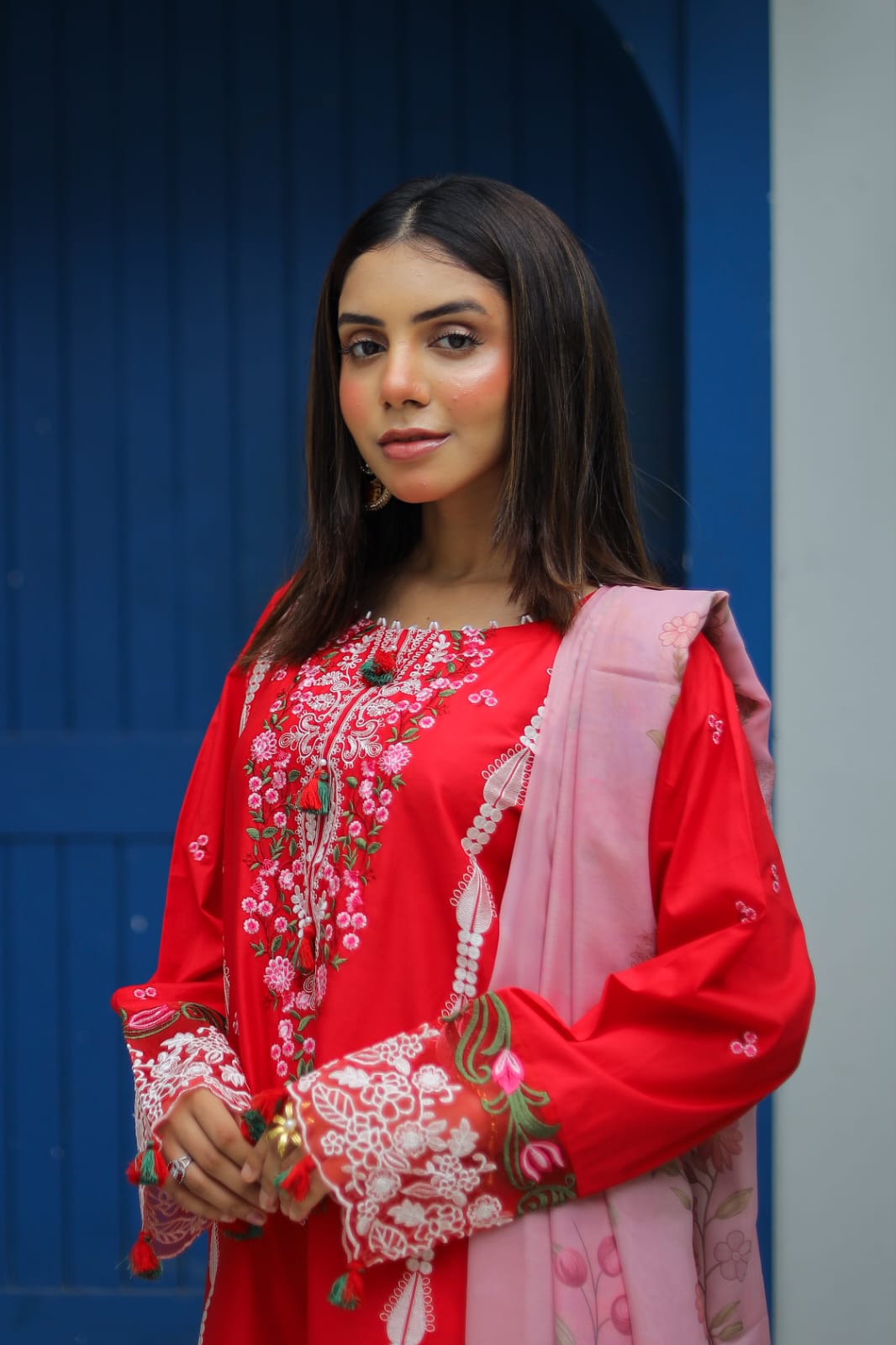 Shadmani – Heavily Embroidered Crimson Lawn Set