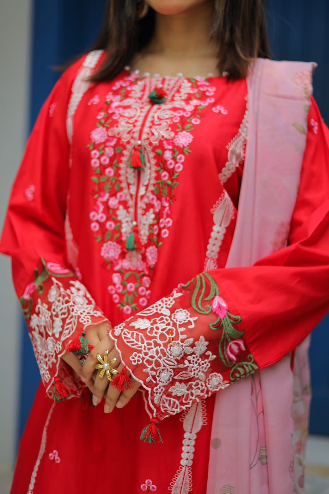 Shadmani – Heavily Embroidered Crimson Lawn Set