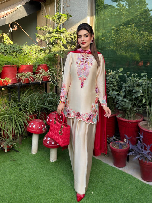 Beige Pure Tussal Silk Ensemble